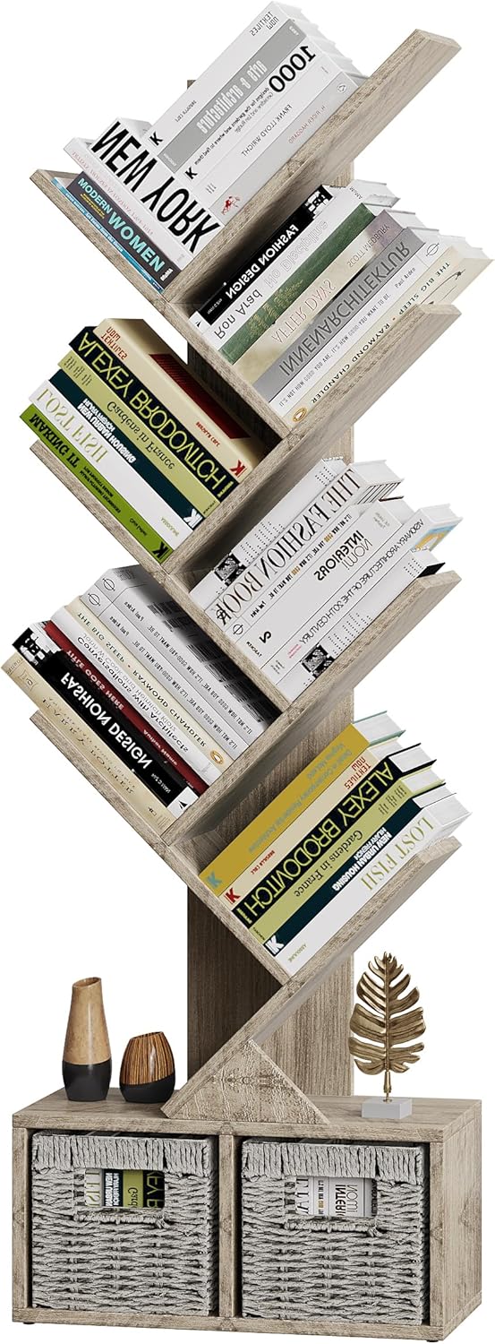 Vagusicc 6 Tier Tree Bookshelf with 2 Storage Cabinets, Tall Display Shelf Organizer for Books, Magazines, Home Decor, Narrow Wooden Floor Standing Bookcase for Living Room, Home Office, Grey