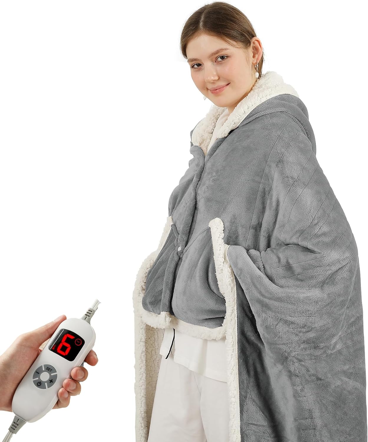 Heated Blanket Wearable Shawl - Electric Wrap Poncho Heated Throw Blanket with Hand Pockets, 50 * 64", 6 Heating Levels & 1-4H Timer, Ideal for Family, Light Grey