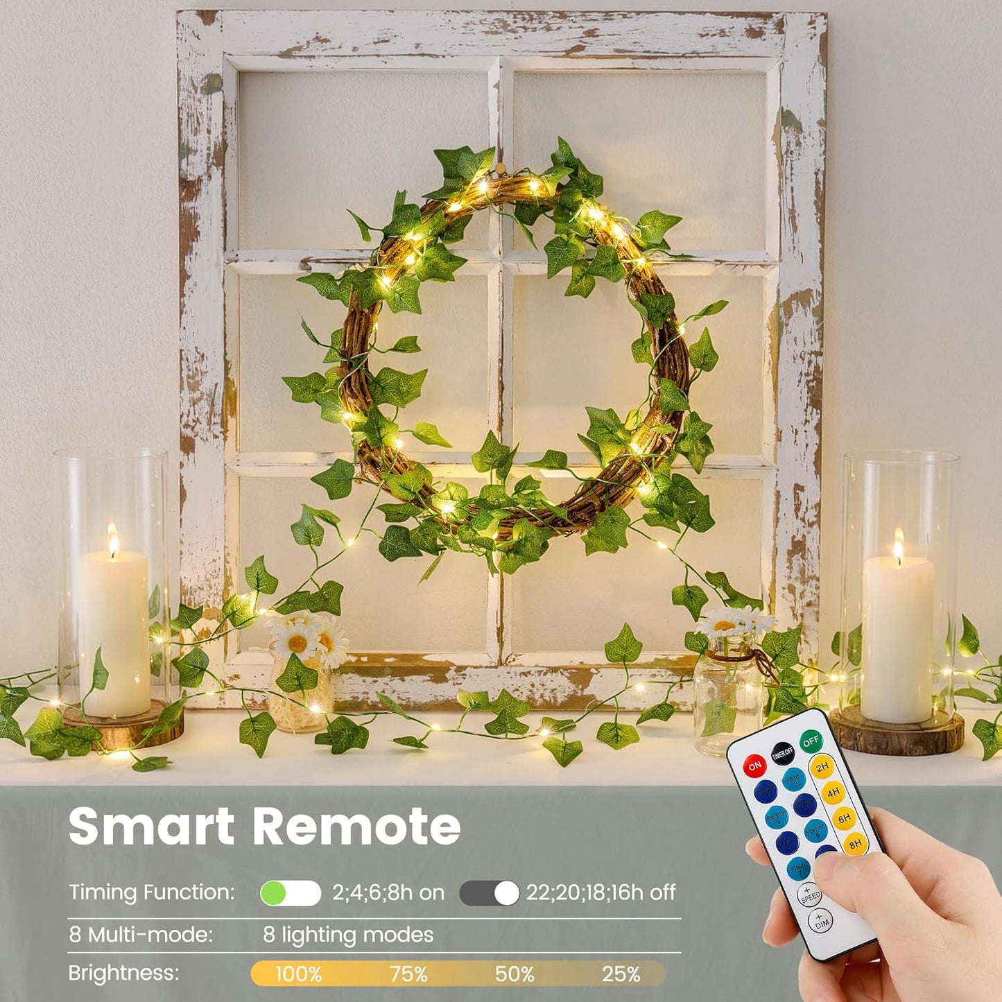 HEYFUNi Ivy Vines with Lights with Remote, 13 Ft 40LED Artificial Green Leaf String Lights USB/Battery Operated, Fake Vines for Bedroom Wall Aesthetic, Dorm, Room Decor, Warm White
