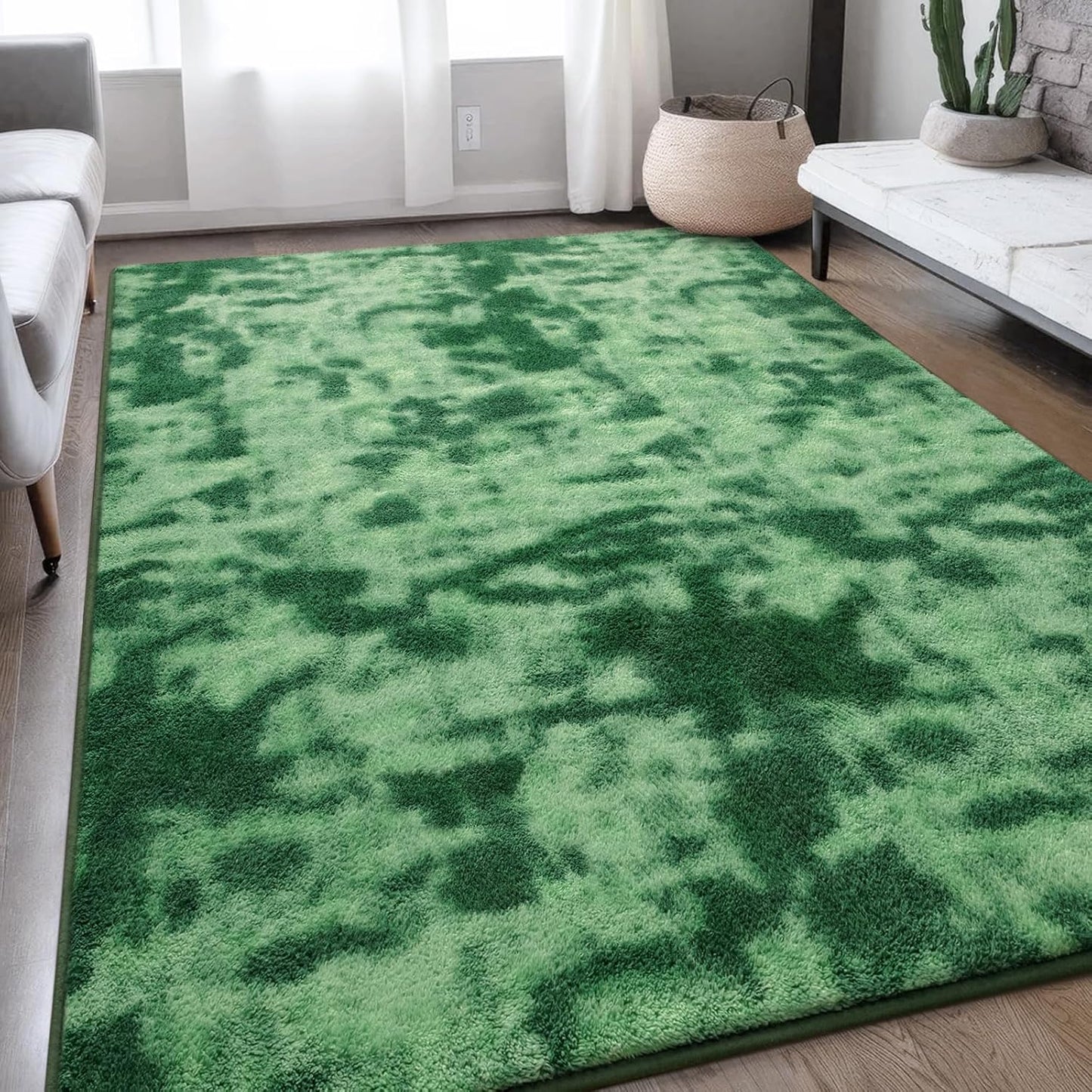 Hutha Large Area Rug, 7x10 Tie-Dyed Green Fluffy Shag Rugs for Living Room Bedroom, Modern Aesthetic Super Soft Anti-Skid Indoor Carpet for Nursery Kids Room Home Decor