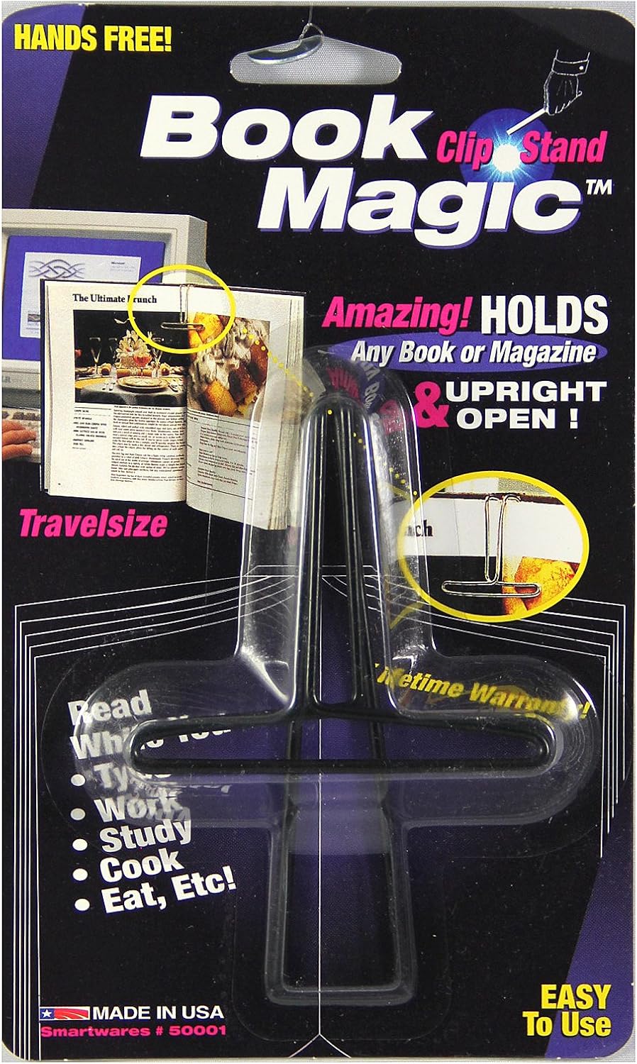 Book Magic Book Clip and Stand (Black), Portable, Metal Clip Holds Books Upright, for Reading, for Book Lovers, Made in USA