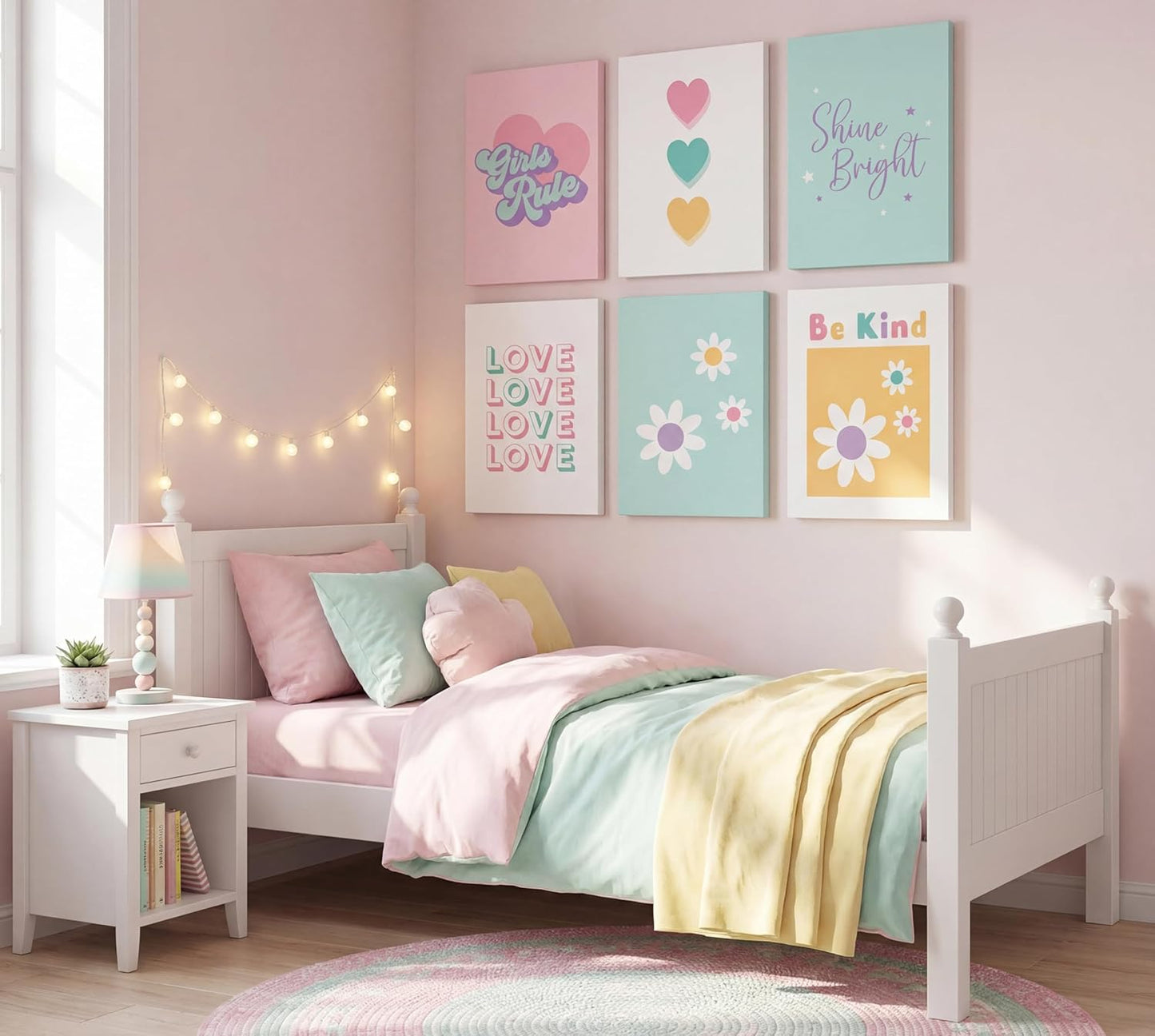 KKJ Girls Rule Canvas Wall Art Set of 6, Colorful Inspirational Quote Decor, Canvas Wrapped 12 x 16 Inch Each, Cute Wall Decor for Teen Girls Room Dorm Bedroom Apartment