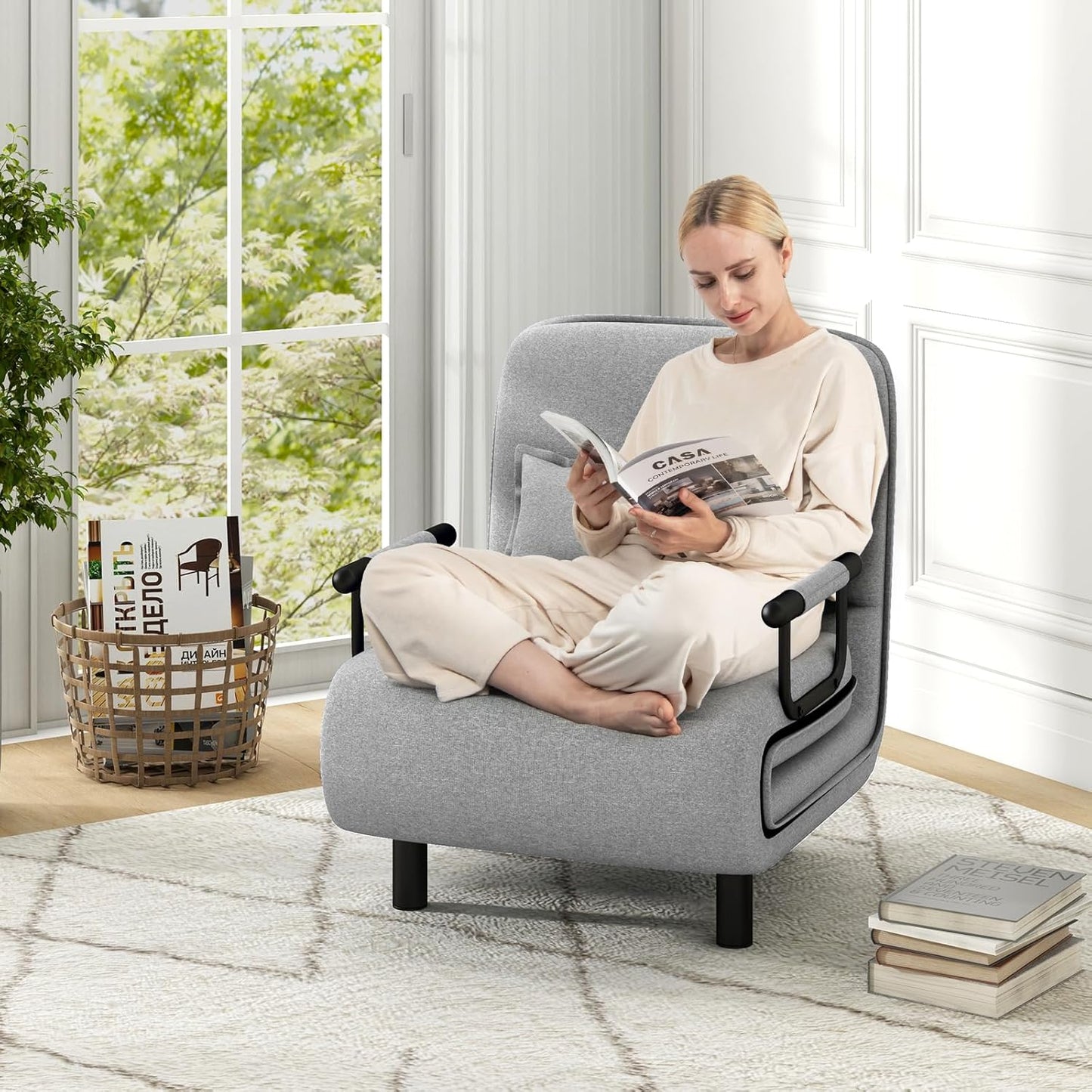 KOMFOTT Convertible Chair, Sleeper Chair with 5-Position Adjustable Backrest & Lumbar Pillow, 2 Hidden Metal Legs & 2 Lockable Casters, Comfy Chaise Lounge for Living Room & Home Office, Grey