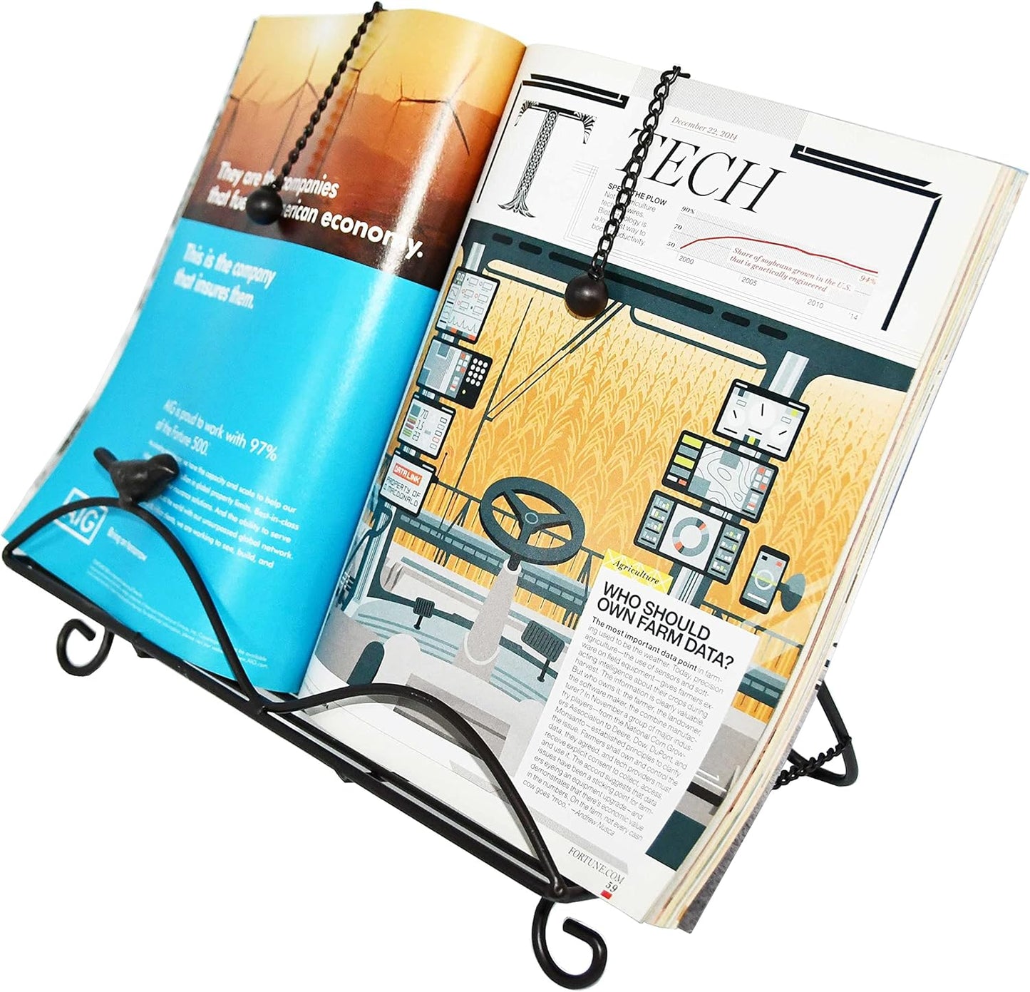 OwlGift Classic Cast Iron Brid & Metal Leaf Design Cookbook Stand, Decorative Recipe Holder for Kitchen, Coffee, Tablet Placement Storage Rack w/Weighted Chains – Brown