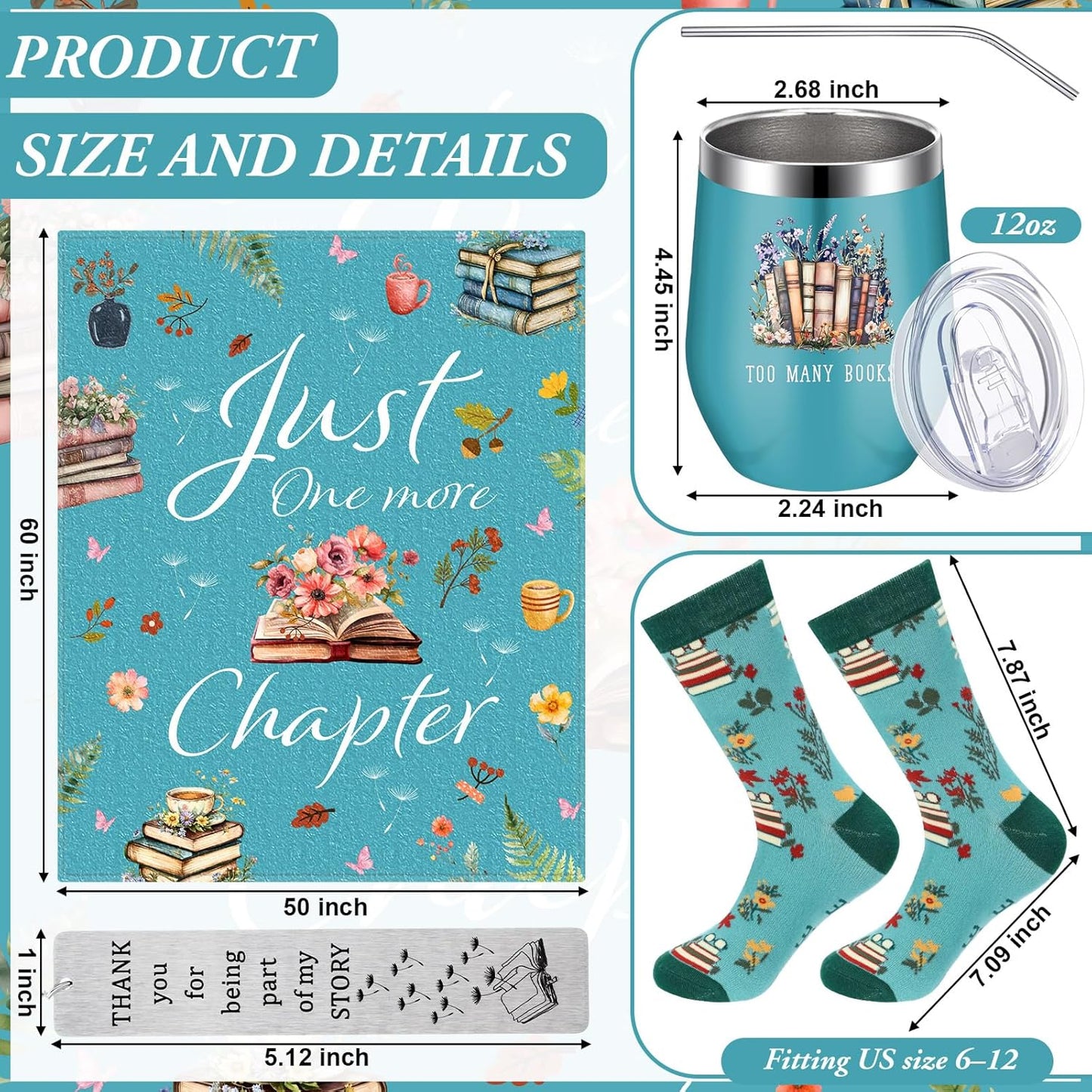 Sieral 4 Pcs Book Lovers Gifts for Women Book Gift Include 60" x 50'' Reading Blanket 12oz Insulated Tumbler Sock Bookmark for Valentine's Day Teacher Mother Bookish Library Club Librarian(Green)