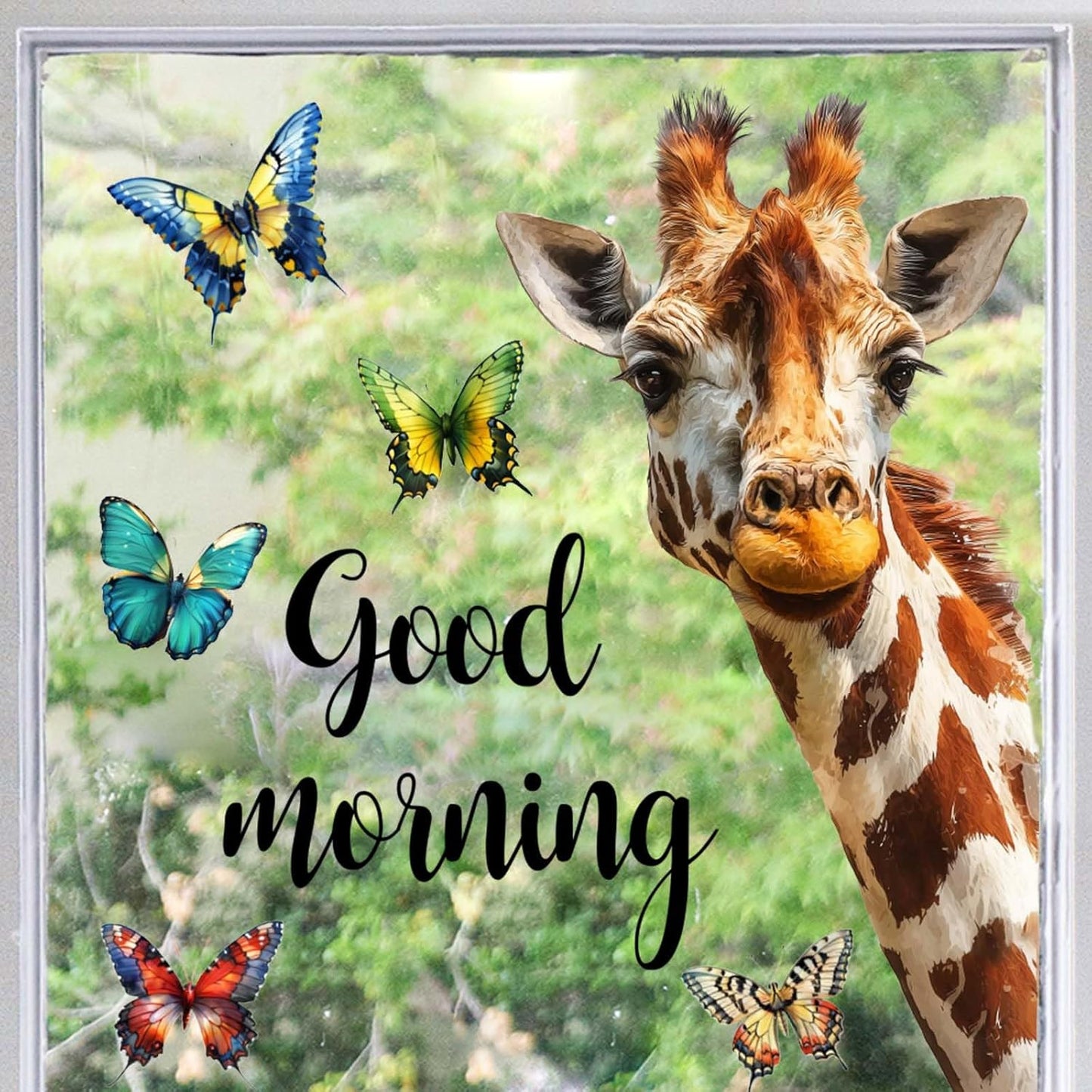 PLIGREAT Cartoon Giraffe Window Clings, Colorful Butterfly Window Stickers Good Morning Giraffe Peel and Stick Windows Decals for Living Room Bedroom School Glass Door Home Decoration