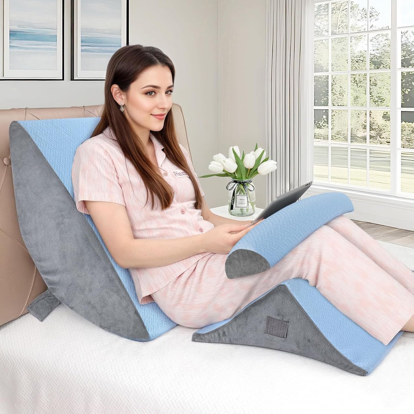 Bed Wedge Pillow for Sleeping, 3PCS Wedge Pillow Set for After Surgery, Adjustable 7 &12 inch Pillow Wedges for Acid Reflux Relief, Back Pain Relief, Sleep Apnea, Sitting Up, Headboard(Blue/Grey)