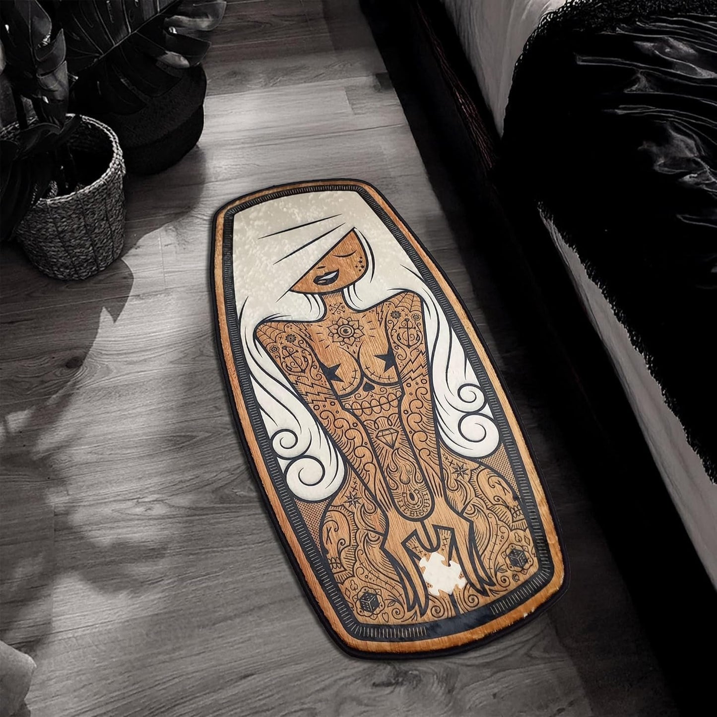 Tattoo Woman Coffin Shape Rug Nonslip Floor Mat for Bedroom Living Room Soft Gothic Carpet Witchy Room Aesthetic Spooky Decor Goth Girl Gift 1.3x2.6