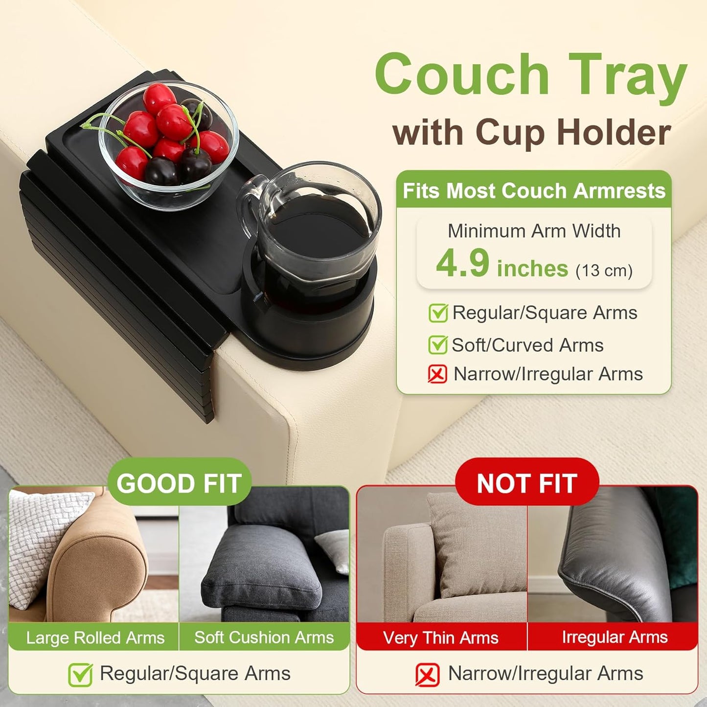 Couch Cup Holder,Bamboo Couch Arm Tray with 360° Rotating Cup Holder,Foldable Anti-Slip Sofa Arm Chair Tray for Eating Snack Drink Side Table