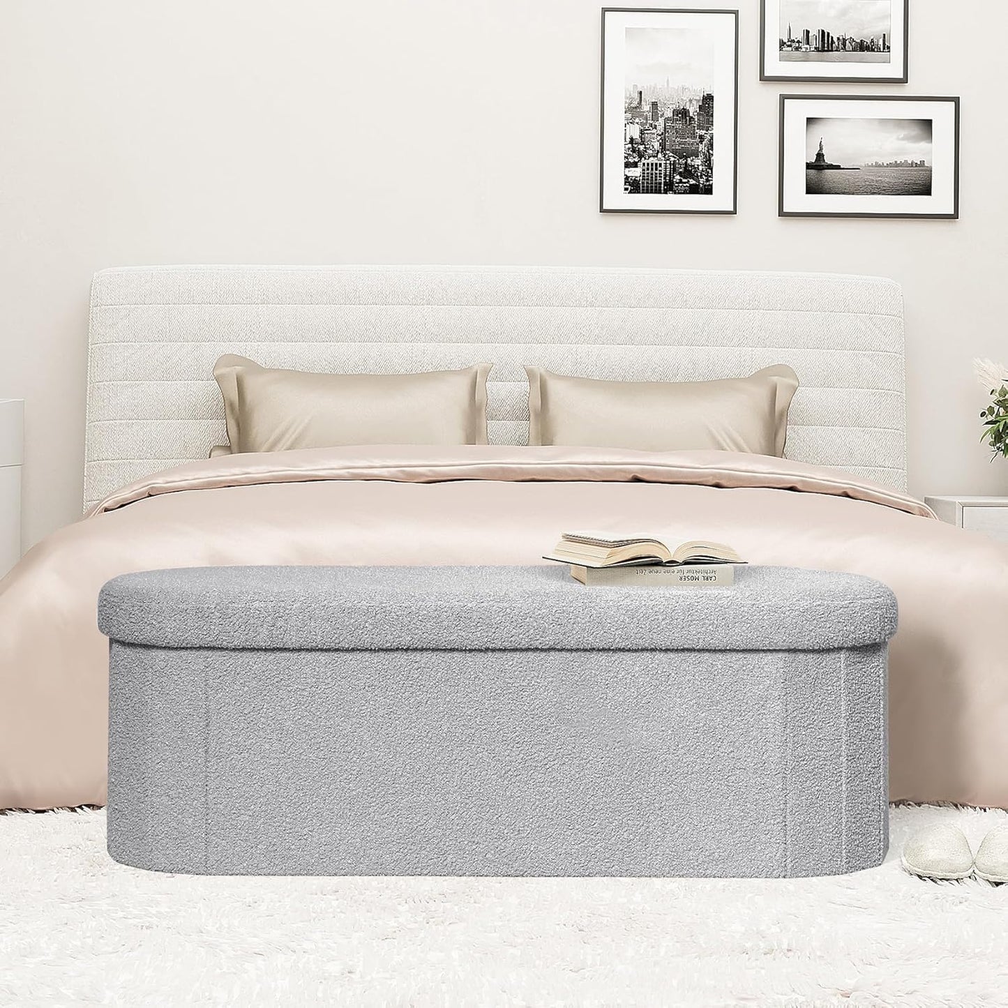PINPLUS Storage Ottoman Bench Tufted Folding Ottomans Bench Foot Rest, Chest Box Velvet Bench with Storage, 43"x15"x15" (Grey)
