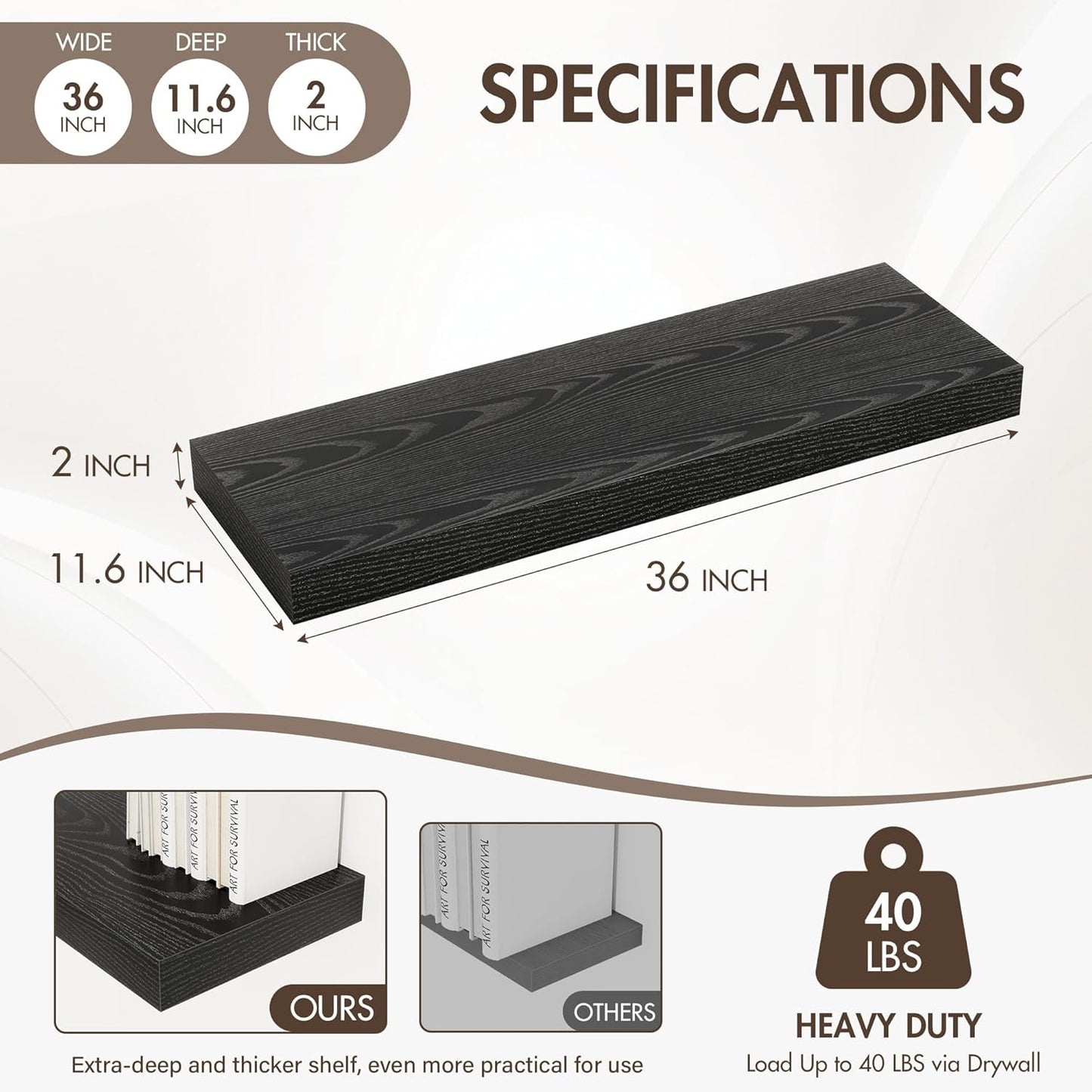 36 Inch Floating Shelves, 12" Deep Floating Shelf Wall Mounted, 36" Wall Shelves, Rustic Deep Bookshelf, Extra Deeper & Thicker Display Shelves for Bedroom, Living Room, Black, Set of 2