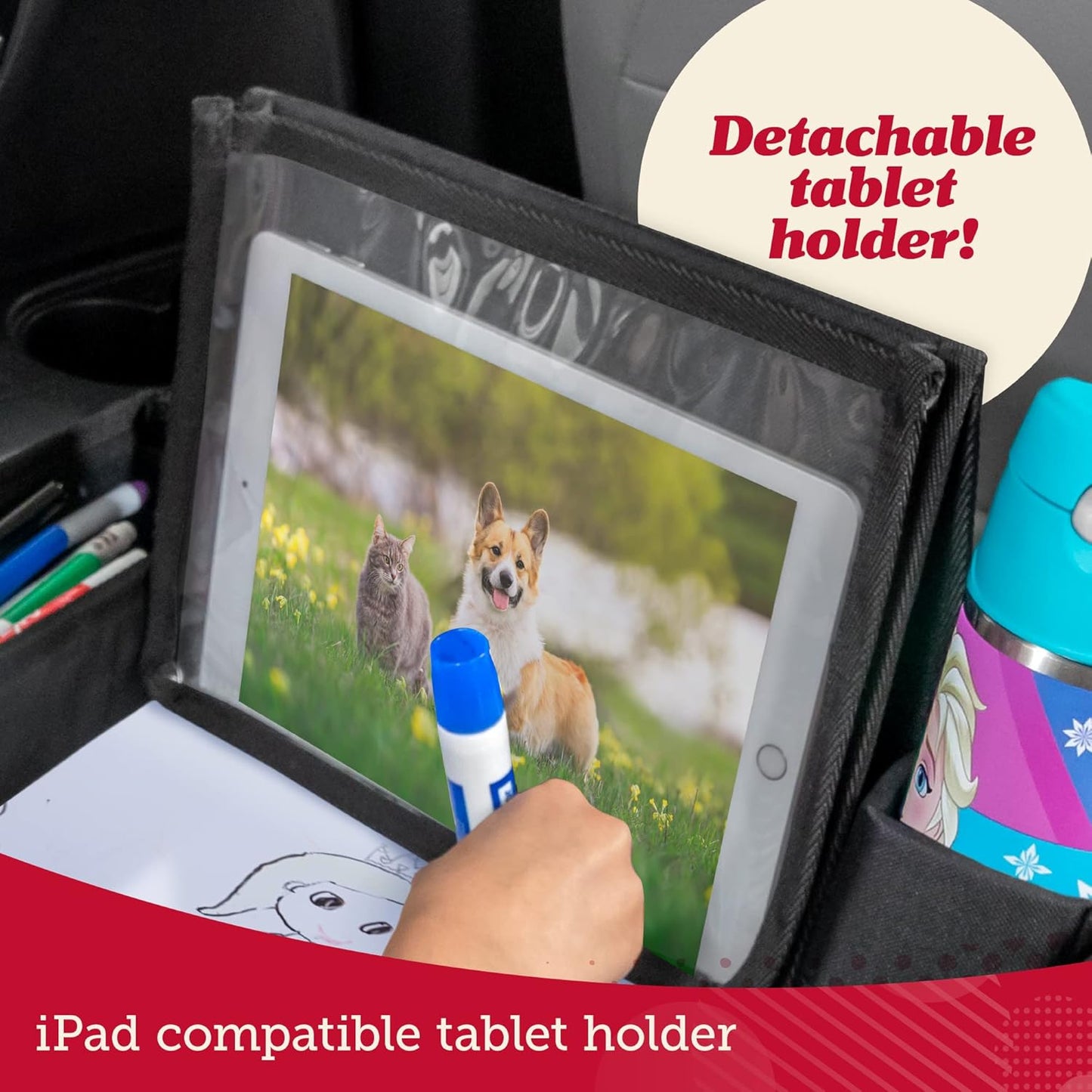Lusso Gear Car Seat Tray - Dry-Erase Lap Desk for Kids Travel Activities - Snack & Cup Holder for Car Back Seat Organizer - Tablet Stand for Toddler Travel Essentials - Black