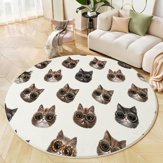 Round Area Rug, 2Ft Washable Non-Slip Beige Fun Sunglasses Cats Circle Rug, Soft Low-Pile Animal Theme Indoor Small Circular Carpet for Bedroom Entryway Dining Living Room