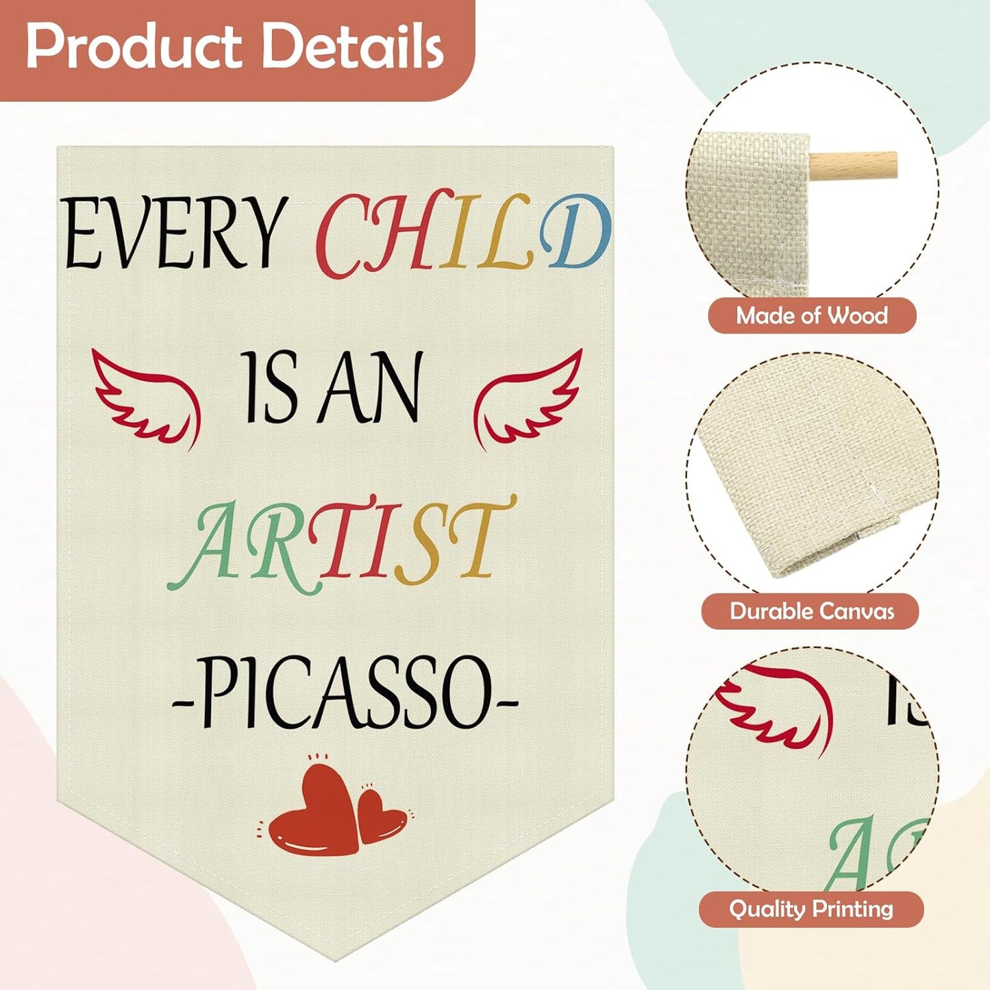 Every Child Is an Artist Quote Wall Hanging Banner Nursery Wall Decor Hanging Pennant Flag Banner Inspirational Quote Decor for Kids Room Nursery Classroom Playroom Bedroom Linen Cotton Flag