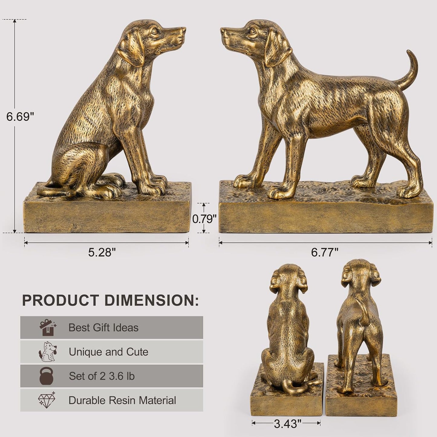 Decorative Bookends for Shelves, Labrador Dog Book Ends for Heavy Books, Lab Dog Statues Bookends for Heavy Books with Anti-Slip Base Book Holders for Home Office Decor (Gold)