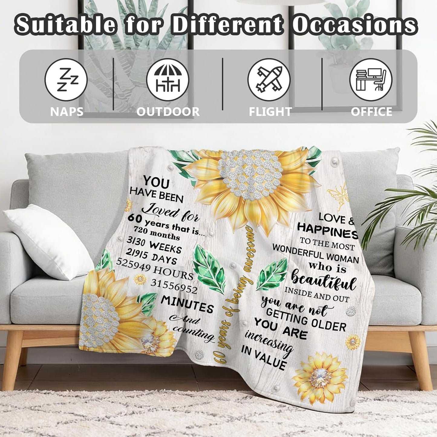 60th Birthday Gifts for Women, Gift for 60 Year Old Women, 60th Birthday Decorations Gift Ideas for Her, Turning 60 Throw Blanket, Happy 60th Blanket 80" X 60"