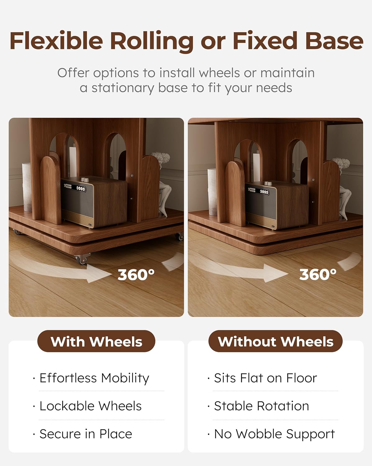 Solid Wood Rotating Bookshelf Tower with Book Ends, 6 Tier Corner Book Shelf with Wheels, Spinning Bookshelf Kids, Revolving Bookcase Shelf, Tall Narrow Book Case for Small Spaces, Walnut