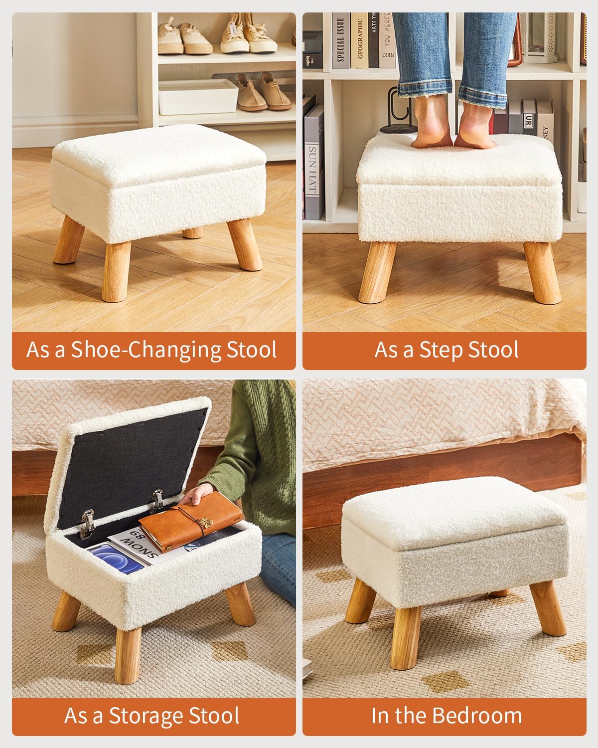 YMYNY Storage Ottoman, Small Foot Stool Ottoman with Storage, Foot Rest with Padded Seat, Teddy Velvet, Sturdy Wood Legs Stool for Living Room Bedroom Couch Enterway, White UHBD042W