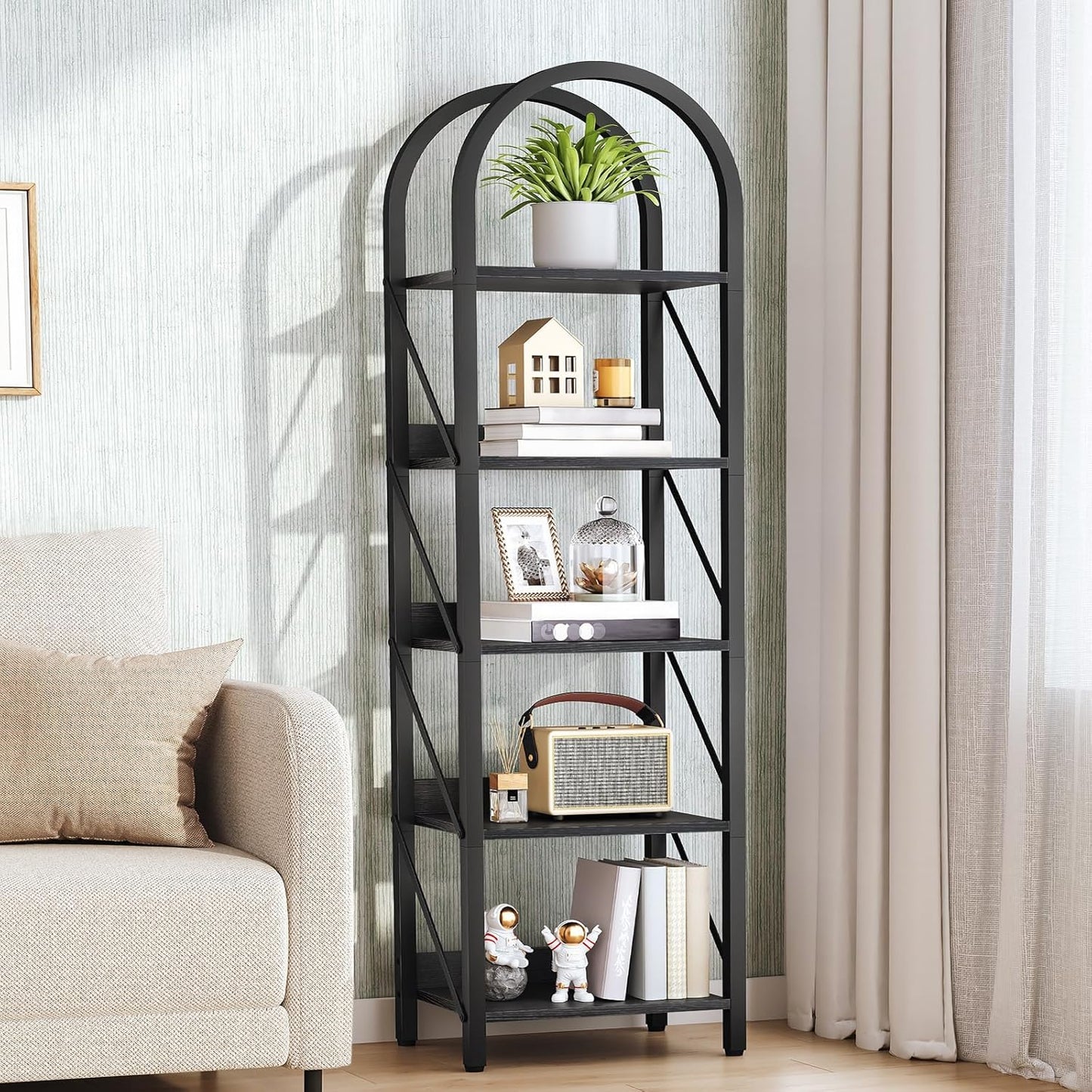 HOOBRO Bookshelf, 5-Tier Bookshelf Arched Display Racks, Industrial Bookcase with Metal Frame, Book Shelf Storage Organizer for Living Room, Office, Bedroom, Black BB425SJ01