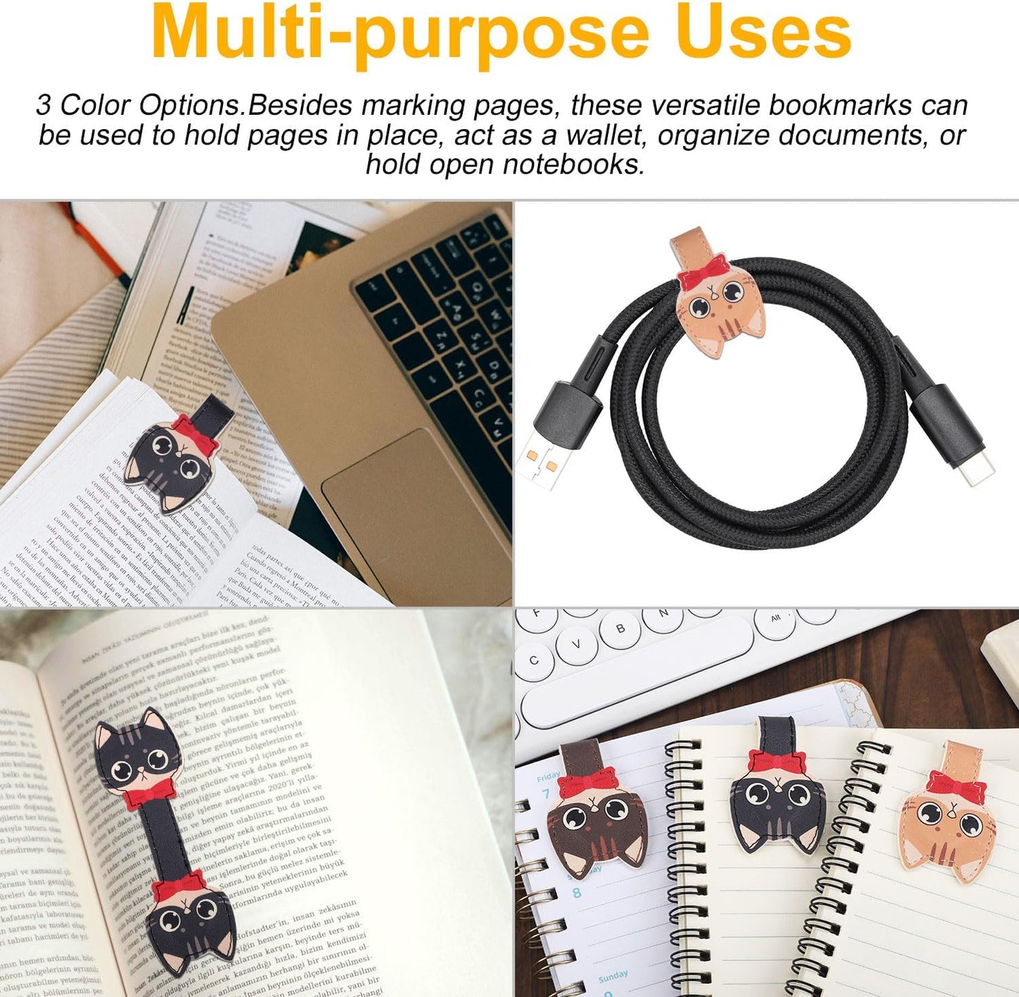 3pcs Magnetic Leather Bookmarks, Cute Cat Magnet Book Mark Kitten Clip for Reading Lovely Gifts for Women Teachers Students Reading Lovers