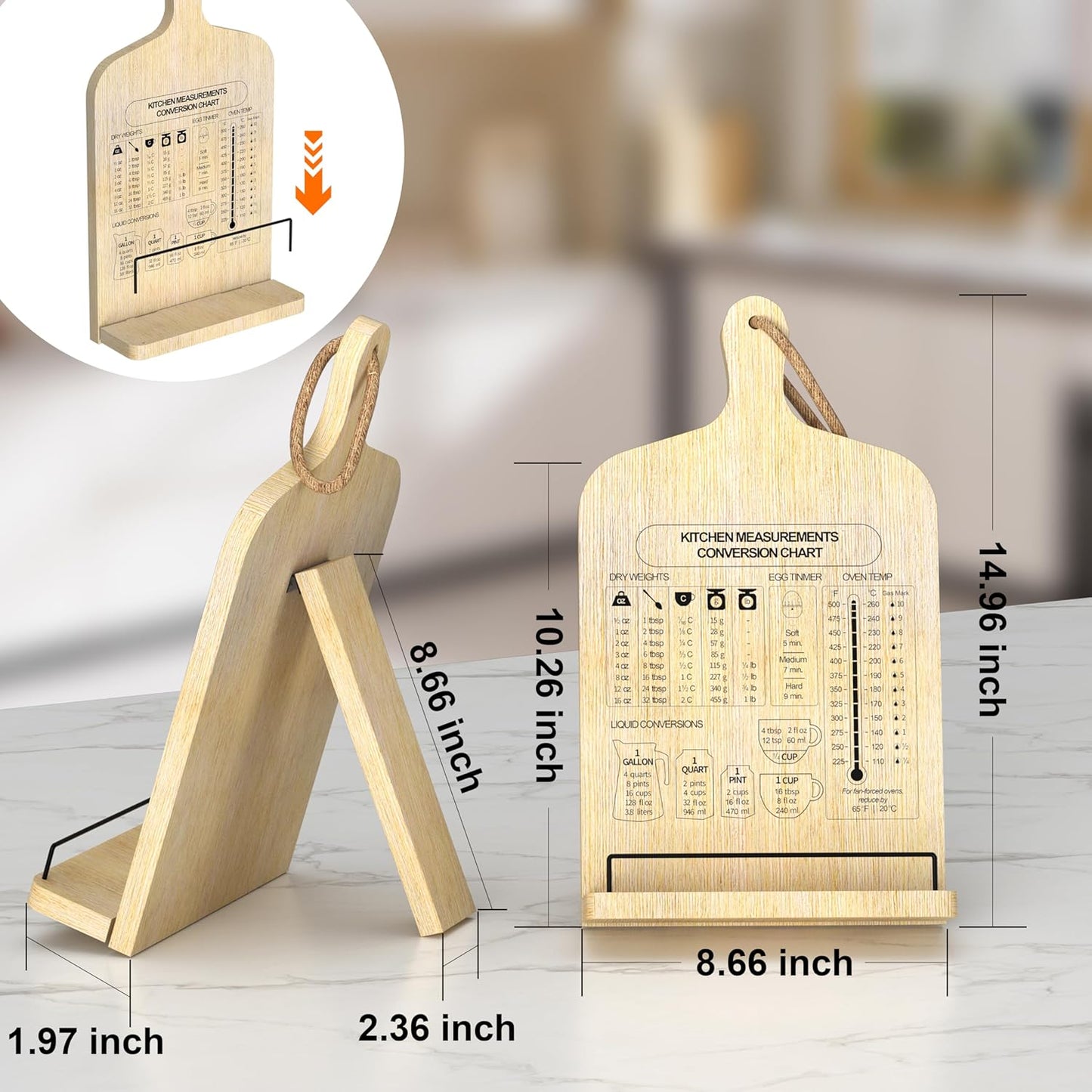 Bamboo Cookbook Stand, Adjustable Cookbook Holder Stand, Recipe Book Holder with Measurement Conversion Chart, Cook Book Stand for Kitchen Counter, Essential Accessories Gifts for Bakers Women