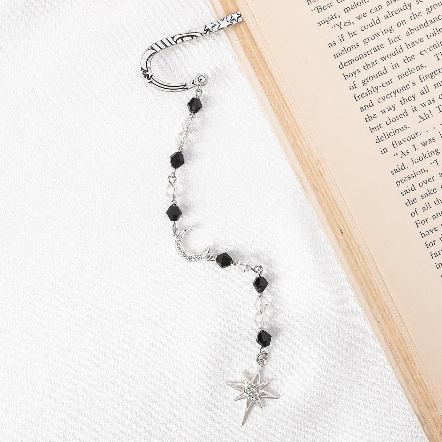 Fantasy Vintage Metal Bookmark - Silver Funny Hook Book Marks Beads Moon Star Charm Page Mark Bookish Gifts for Women Men Kids Reading Lovers Readers Students Bookworms Christmas School