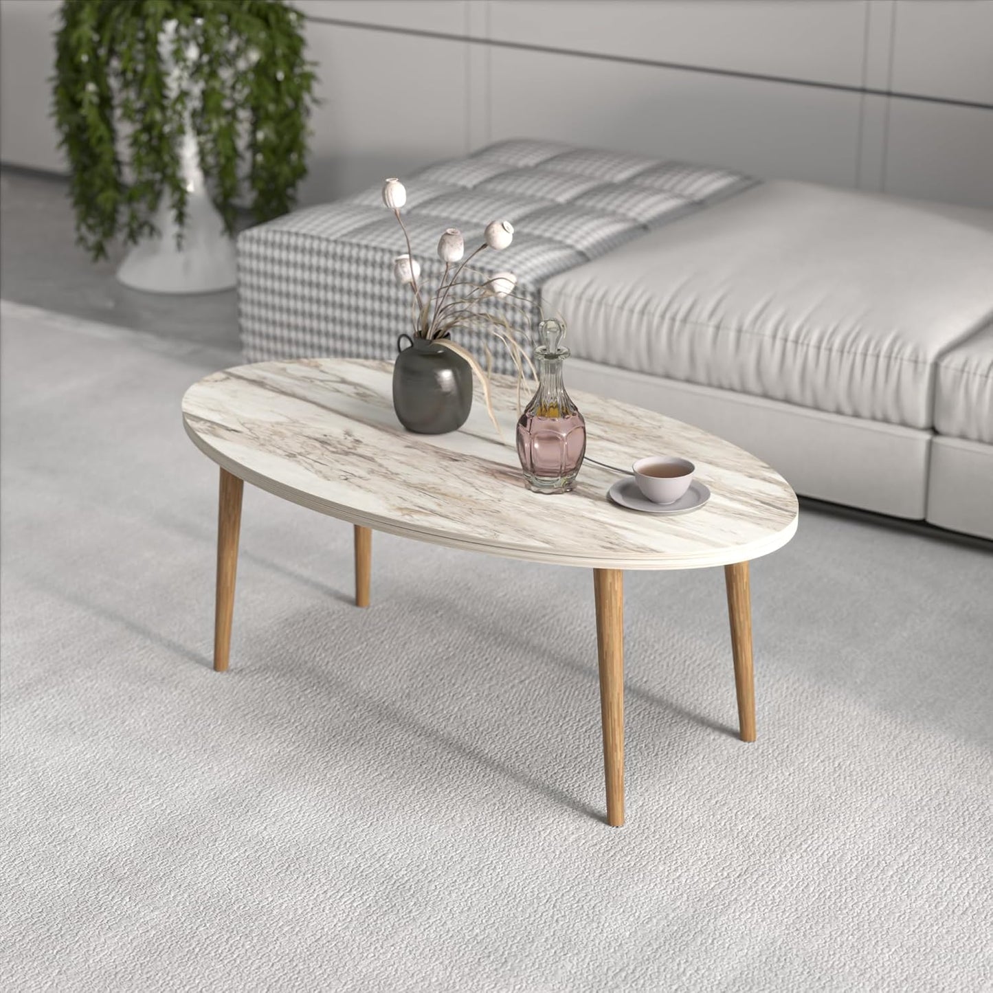 Coffee Table,MDF Modern Style Round Coffee Table for Living Room,Modern Oval-Round Side Table,Coffee Tables for Living Room,Accent Table,Center Table for Living Room,Sofa Table (White Marble)