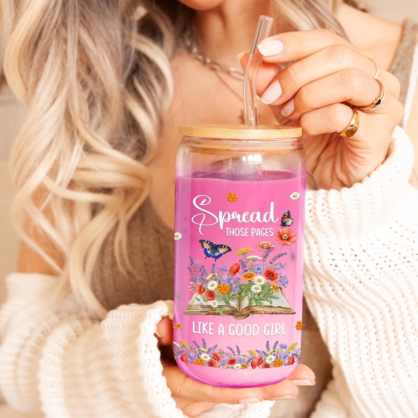 Gifts for Readers Book Lovers Women 16 oz Glass Cups with Lids and Straws Iced Coffee Tumbler Reading Accessories for Bookish Club Bookworms Teacher Librarian Friends Mother's Day Valentines