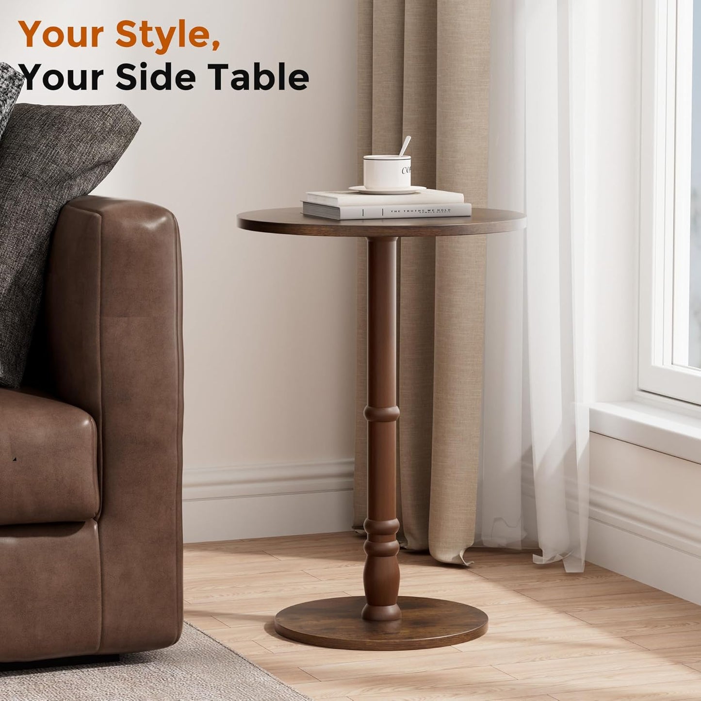 16" Round Side Tables, Solid Wood Pillar with Wood Top & Base, Small Drink Accent Table for Living Room, Bedroom, Sofa & Office, Easy Assembly, Rustic Brown