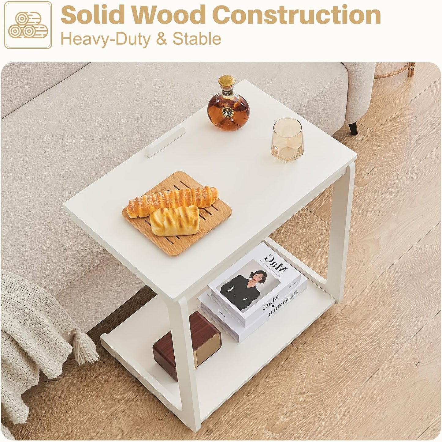 C-Shaped End Table with Wheels - Rolling Side Table for Couch, Solid Wood Modern Adjustable Angles Tv Tray Sofa Tables for Living Room, Bedroom, Home Office, White, 15.4"D x 23.6"W x 24.8"H