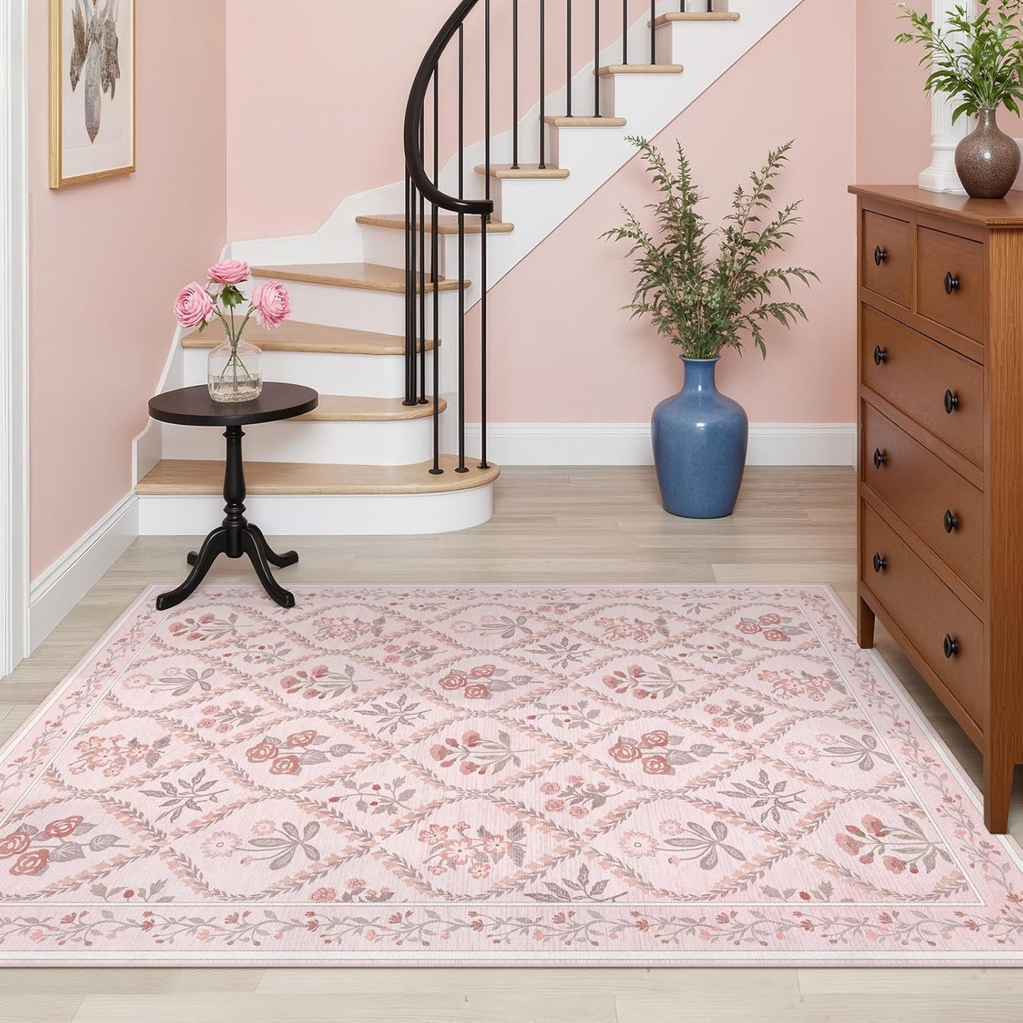Pink Rug for Office Under Desk Rolling Chairs 4x6 Small Classroom Rug Reading Corner,Washable Boho Floral Hardwood Floor Mat for Baby Nursery Bedroom Living Room Kitchen Dinning Room