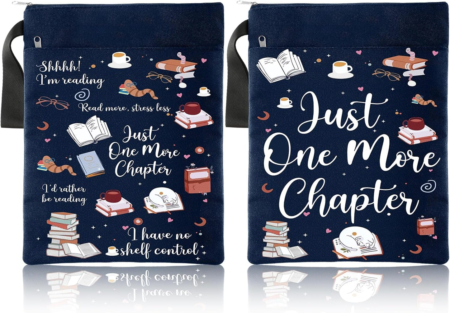 2 Pcs Book Sleeves Just One More Chapter Canvas Book Cover Pouches with Zipper Washable Front Pocket Gifts for Books Lover Reader Reading