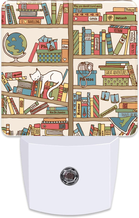 Bookshelf with Globe Night Light Plug into Wall,Night Lights with Dust to Dawn Sensor,Auto Turn on and Off,Glow Nightlight for Bathroom,Bedroom,Kitchen,Stairs,Hallway