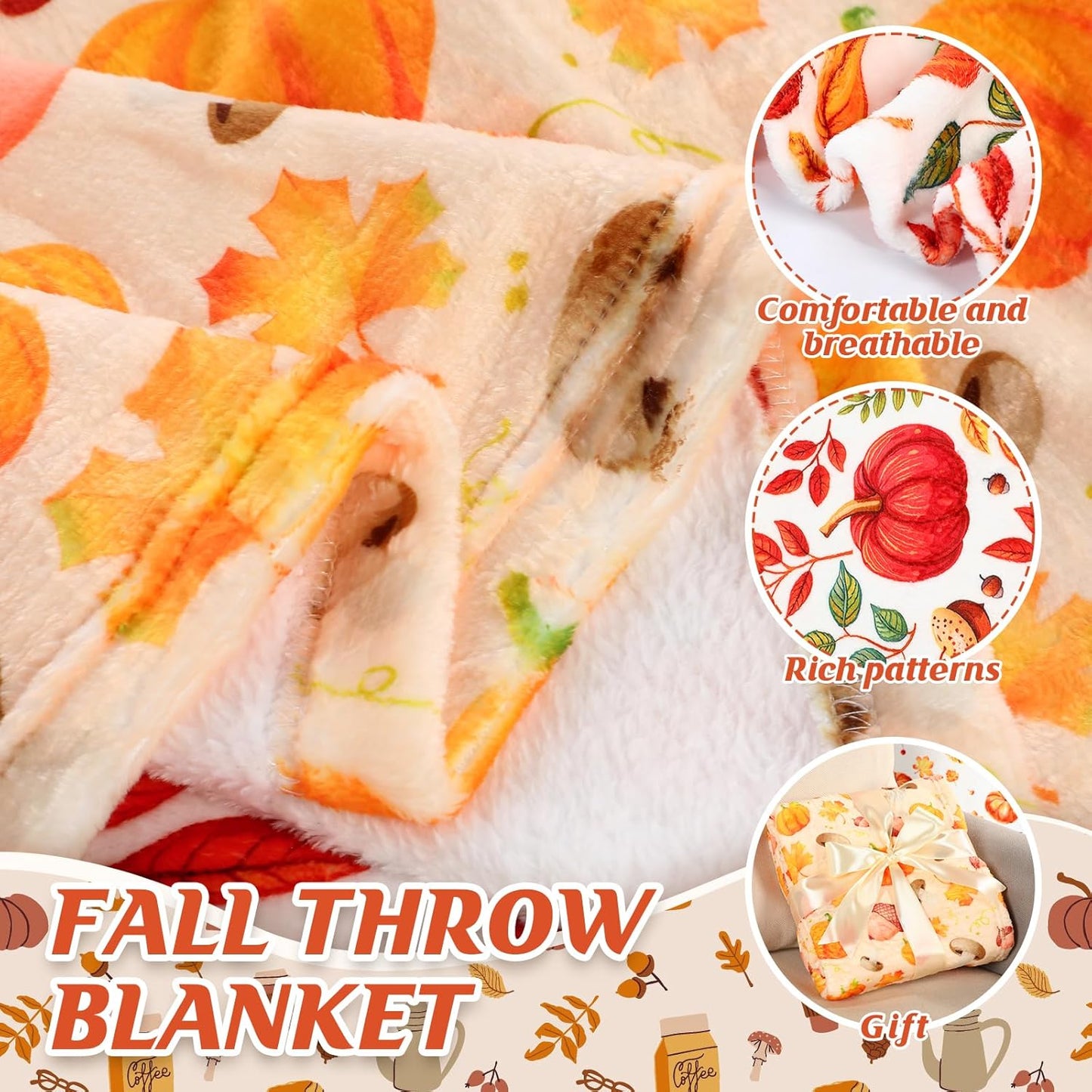 4 Pack Fall Blanket Bulk Pumpkin Throw Blanket Maple Leaf Autumn Harvest Flannel Blankets Warm Lightweight Soft Cozy Thanksgiving Fall Plush Blankets for Couch Sofa Bedroom 51"x59"