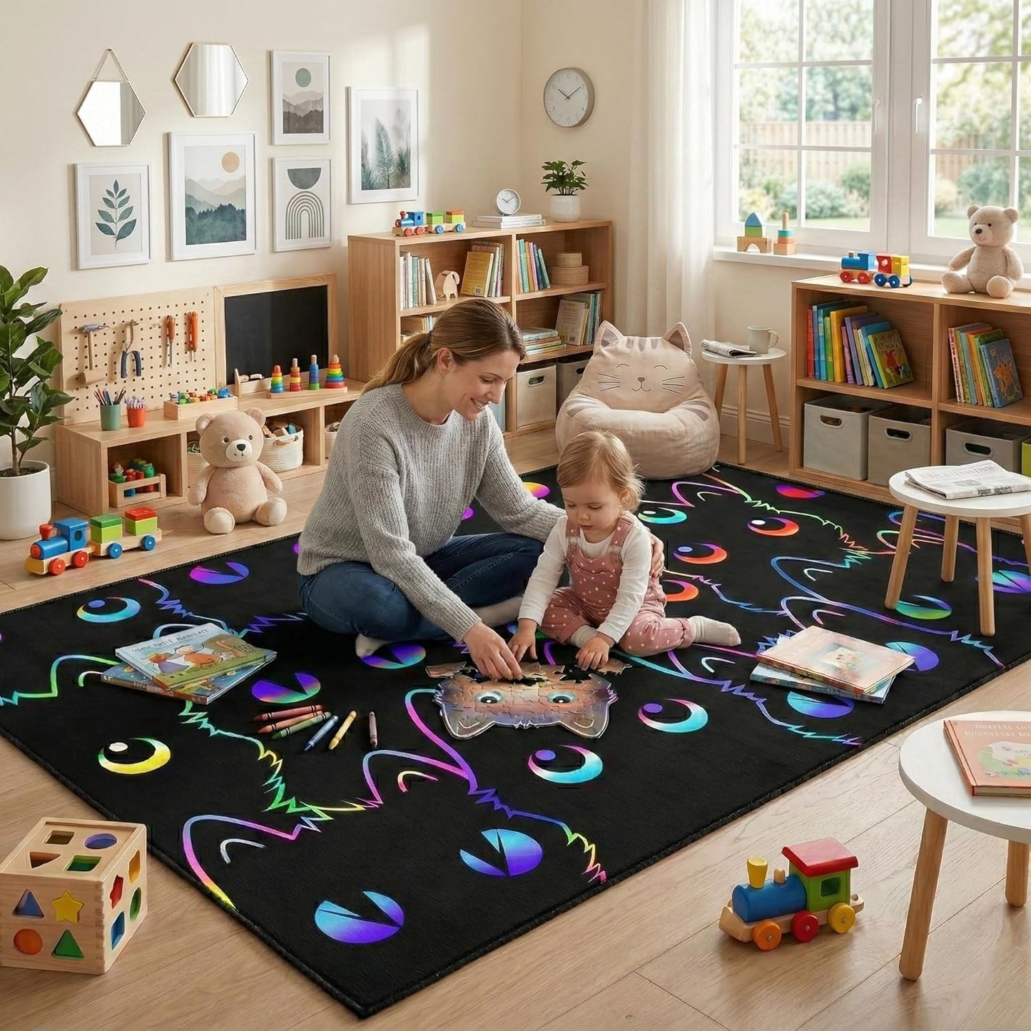 Black Cat Rug 2.5x4 Feet, Cute Cat Area Rug for Kids Room, Non Slip Cartoon Animal Carpet for Boys Girls Bedroom, Playroom, Nursery Home Decor