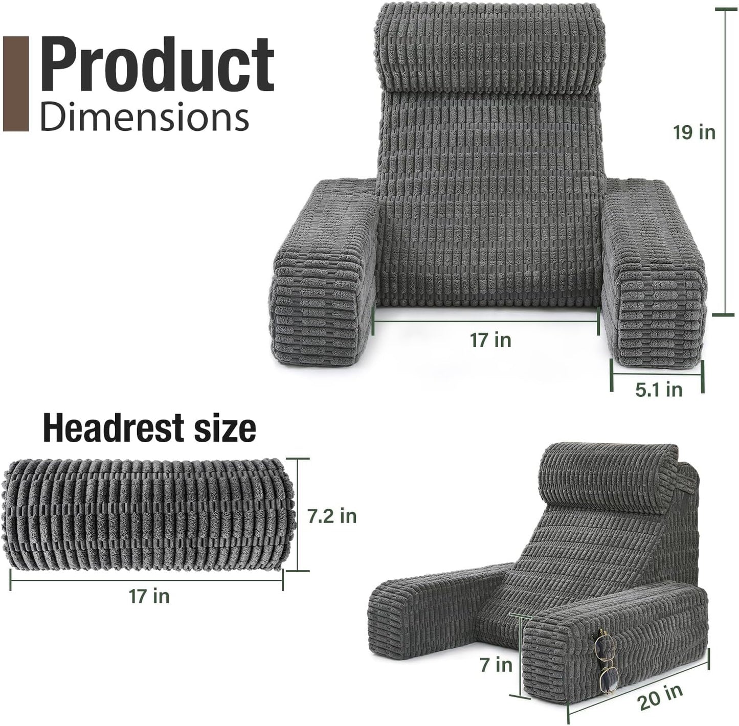 19" Reading Pillow for Bed with Built-in Arms & Large Pockets, Supportive Backrest Cushion for Reading, Resting, or Reclining, Washable Cover – Grey