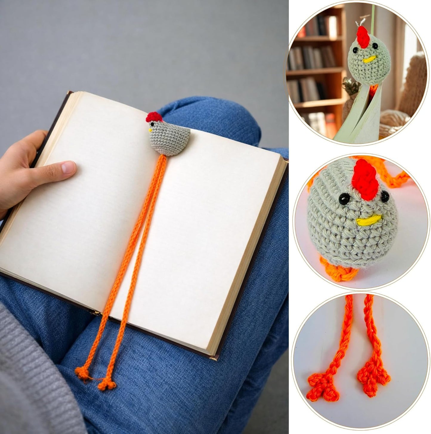 Handmade Chicken Bookmark Set of 4pcs Cute Crochet Gift for Book Lovers, Teacher Appreciation Present, Reading Accessory for Women, Teacher Gifts, Unique Farm Animal Lovers Idea for Classroom Supplies