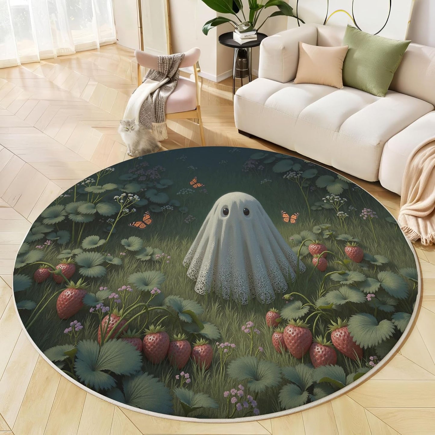 Washable Cute Ghost Strawberry Field Area Rug, 3Ft Round Rugs for Living Room Soft Carpet for Bedroom Dreamy Illustration Indoor Stain Resistant Non-Shedding Floor Carpet, Forest Green, 3Ft-Round