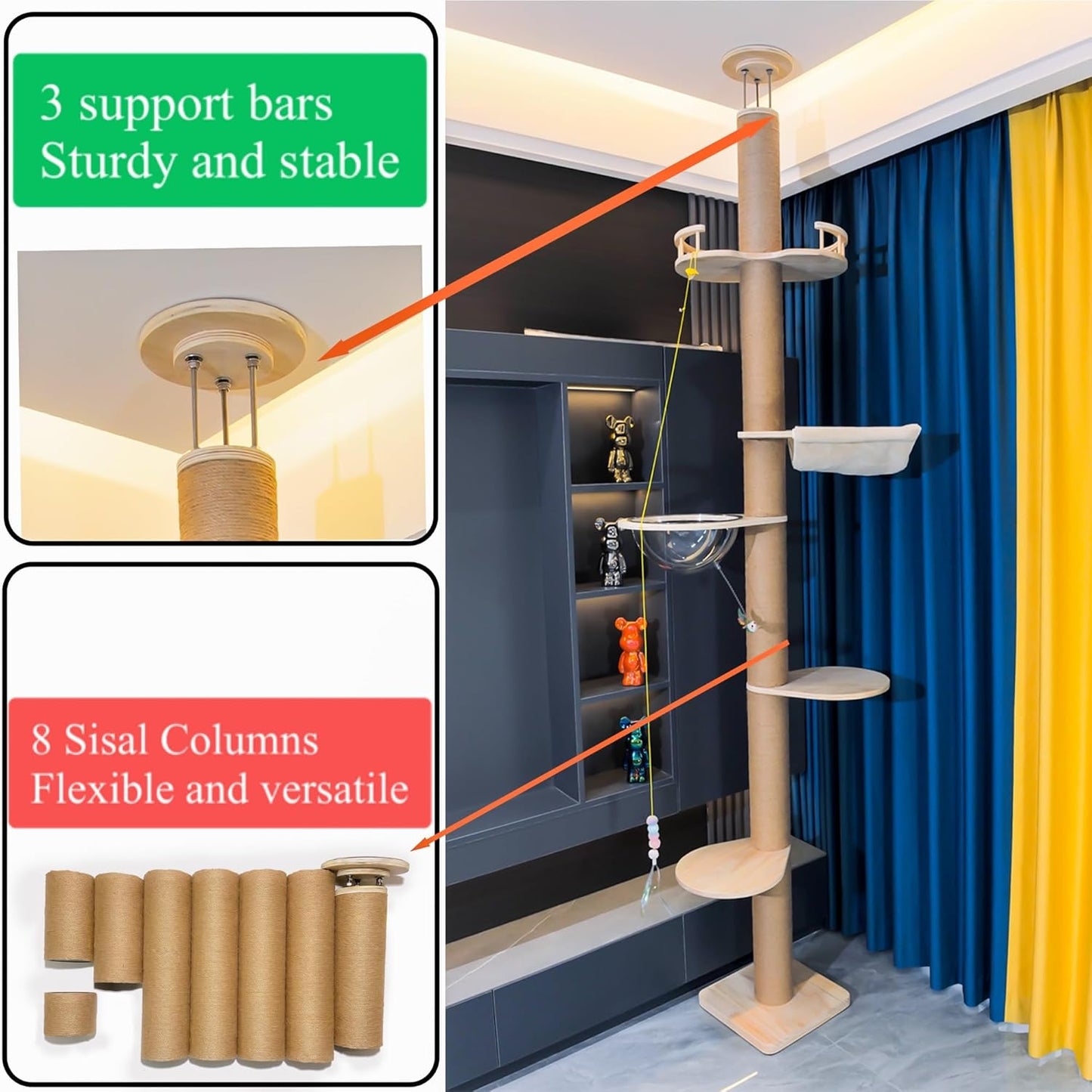 Floor to Ceiling Cat Tree Height (50-120in) Adjustable Cat Tower 5 Tier Hemp Scratching Post High Cat Tree Sturdy Activity Tree Indoor Outdoor Cat Scratching Post Activity Center