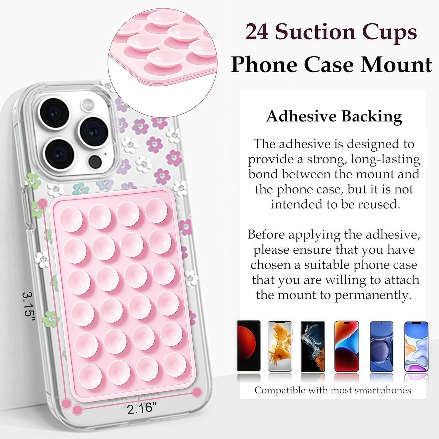 Anteel 6 Pack Silicone Suction Phone Case Adhesive Mount, Strong Grip Holder for Selfies and Tiktok Videos, Hands-Free Sticky Phone Grip for iPhone and Android, 2.17" x 3.15"