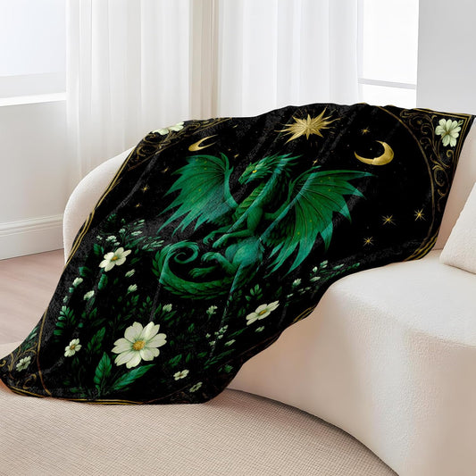 Fantasy Dragon Flannel Throw Blanket 50x60 Inch, Winged Green Animal and Botanical Blankets, Mystical Elegant Home Decor for Bed Couch Tent Travel, Thoughtful Gifts for Mythic Art Lovers