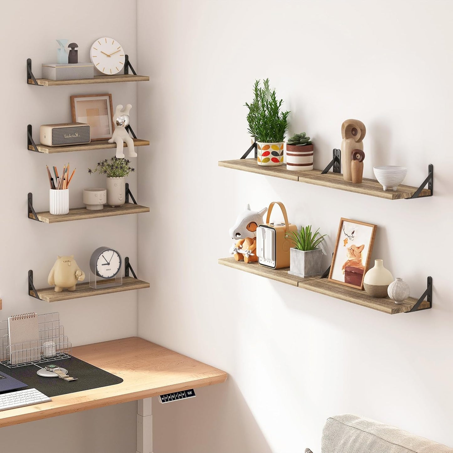 Fixwal Floating Shelves for Room Wall, Width 4.7in Rustic Wood Wall Storage Shelves for Bedroom, Living Room, Kitchen, Bathroom, Office Decor and Plants Display (Set of 8 Carbonized Black)
