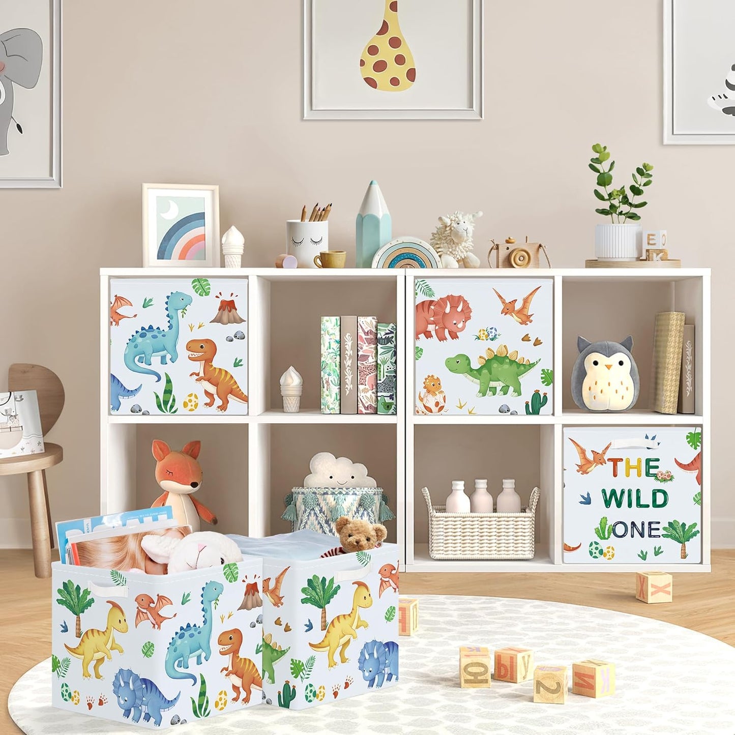 11.8" Boho Dinosaurs Cube Storage Organizer Set 3Pcs Palms Eggs Cube Storage Bin for Bathroom/Bedroom Kid Book Toy Chest, Volcanoes