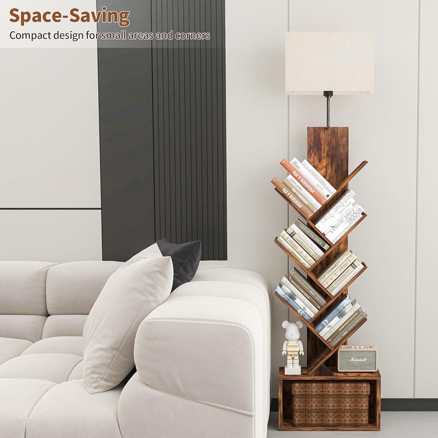 3-Tier Tree Bookshelf with 3-Color LED Lights, Small Narrow Tall Floor Standing Bookcase with Storage Organizer, Rustic Brown Book Shelf for Living Room, Bedroom, Home Office