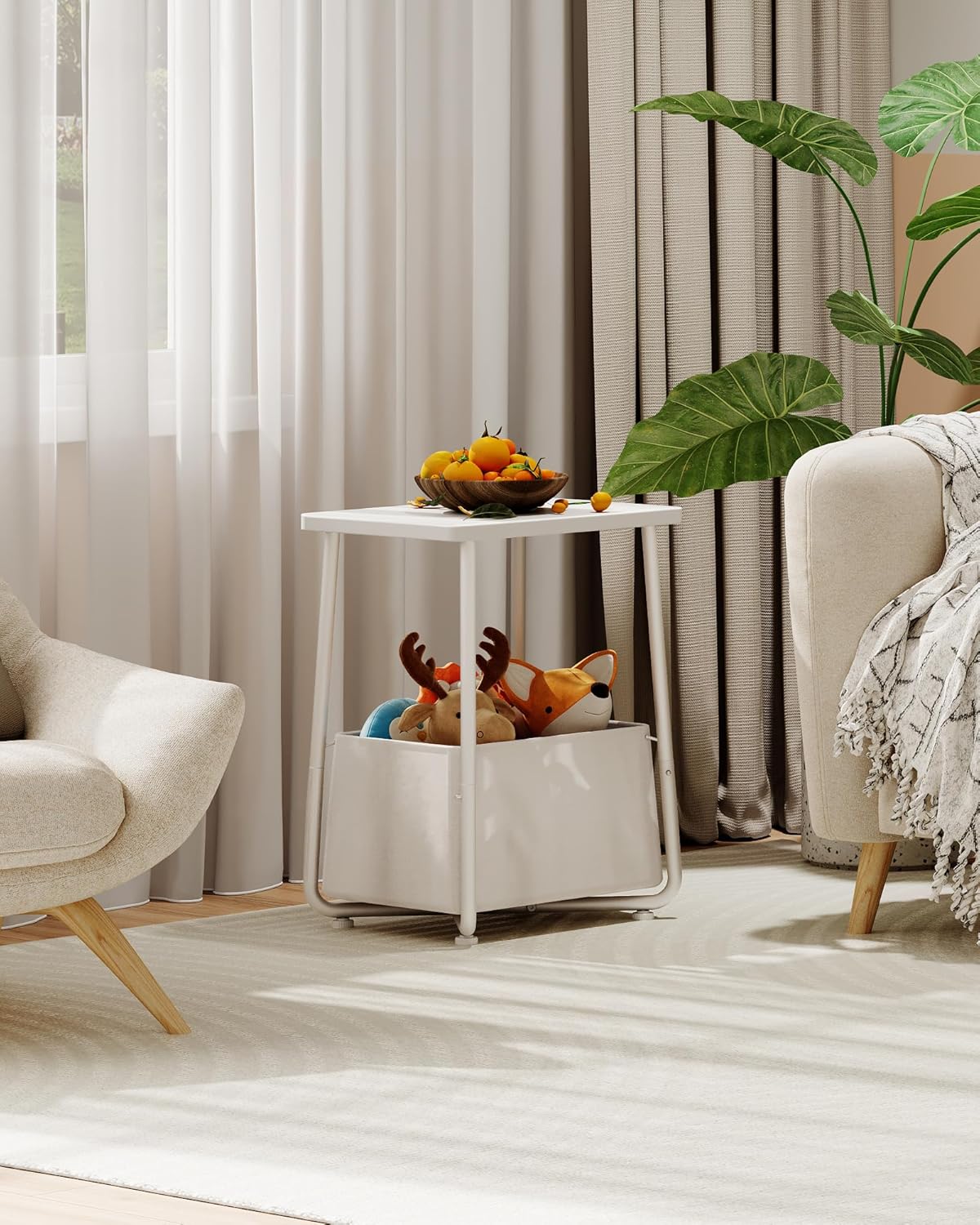 Nursery Side Table, Small End Table for Small Spaces, Nightstand with Fabric Basket, for Nursery, Living Room, Bedroom, White TBZ13WB
