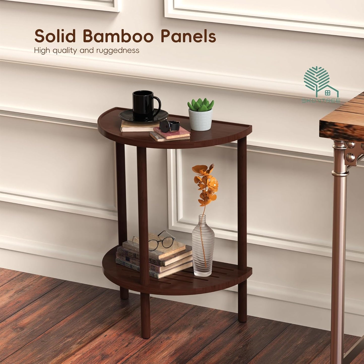 End Table, Half Moon Side Tables, Living Room Half Round 2 Tier Tables, NightStand for Small Space in Living Room Bedroom, Couch Tables with Storage Shelf, Boho Side Table (Brown)