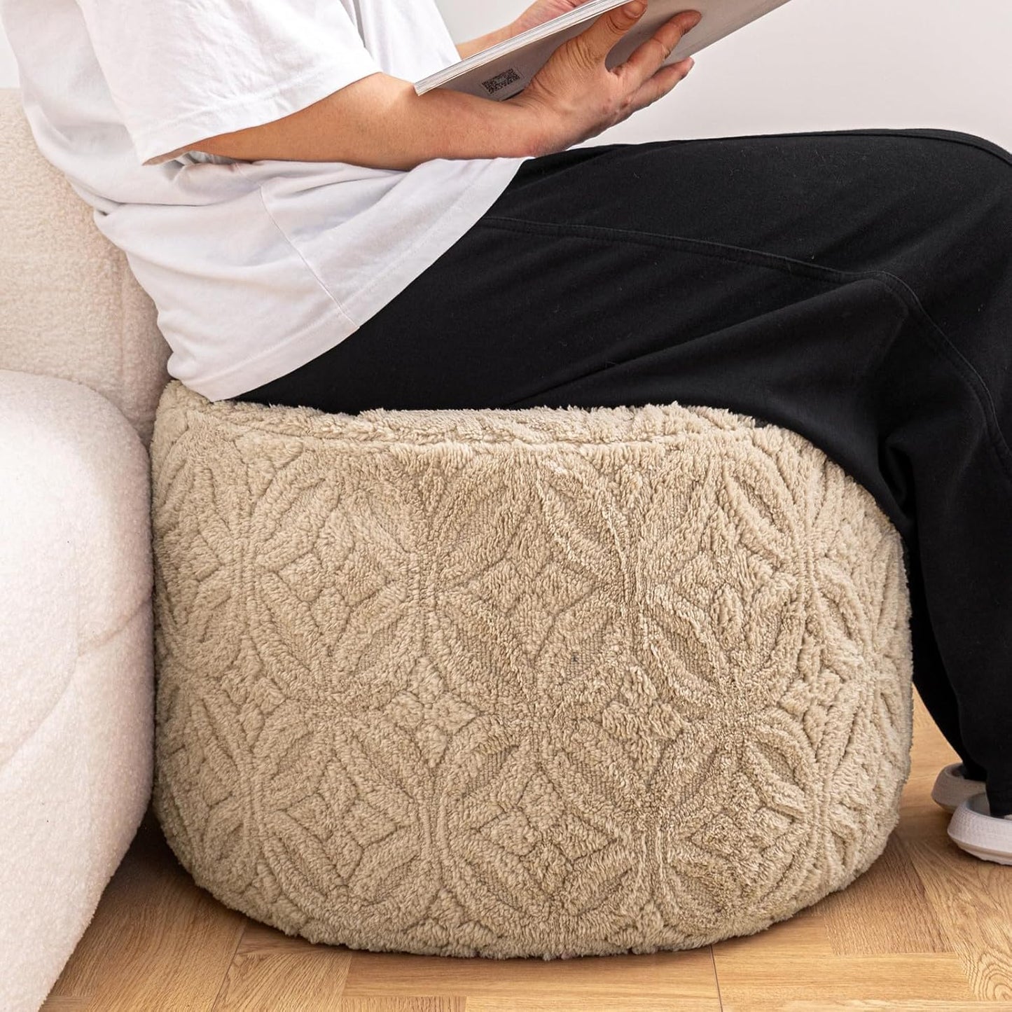 Plush Multi-Functional Ottoman Pouf – Ergonomic Ottoman Foot Rest with Space-Saving Design, Perfect Under Desks, Couches & Sofas (Light Coffee)