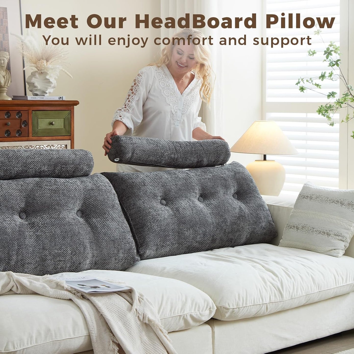 Headboard Pillow for Twin XL – Chenille Large Triangular Wedge Pillow for Headboard Gap, Daybed and Couch Backrest, Reading and Sitting Up in Bed with Removable Washable Cover, Dark Gray