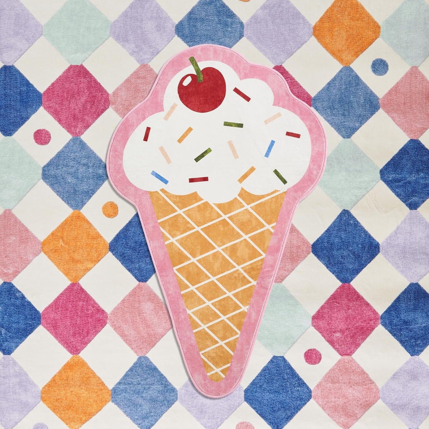 jinchan Cute Fun Rug Ice Cream Shaped Playroom Mat Washable Pastel Cone Cool Rug Soft Funny Mat Non Slip Unique Doormat Lightweight Anime Funky Gift for Girls Kids Dorm Bedroom, 30''x48''