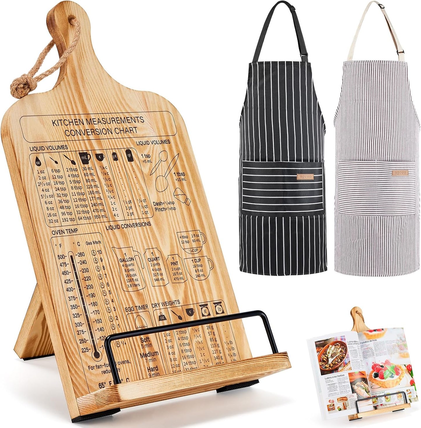 Housejoy Wooden Cookbook Stand with 2 Aprons, Hieght Adjustable Bookholder for Kitchen Counter, Cookbook Holder Stand Wood Sturdy with Measurement Conversion Chart, Foldable Easel for Kitchen